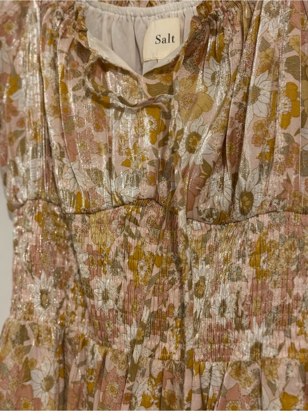 Roolee Cream and Yellow Floral Smocked Midi Dress with Puff Sleeves size Small - Picture 4 of 6